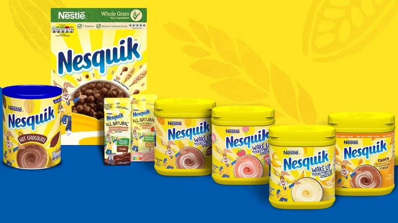 Assortment of Nesquik products, including powdered mixes and cereal 