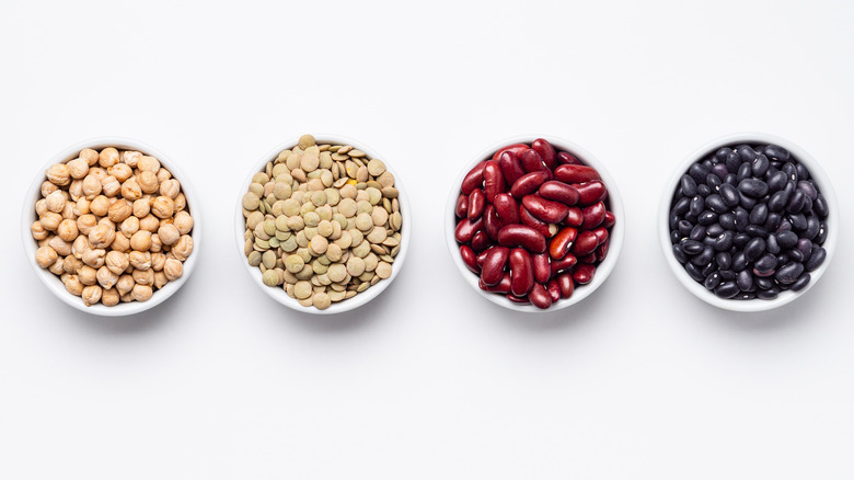 Several different types of legumes and beans in bowls 