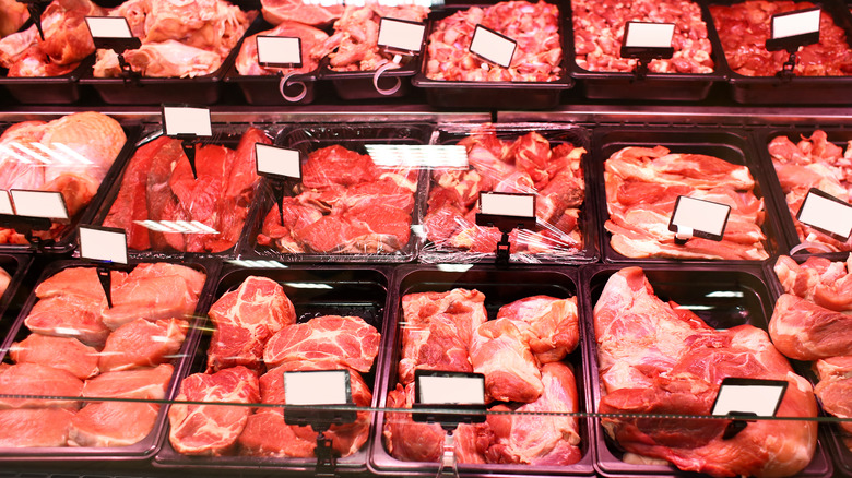 Case of meats in a supermarket 