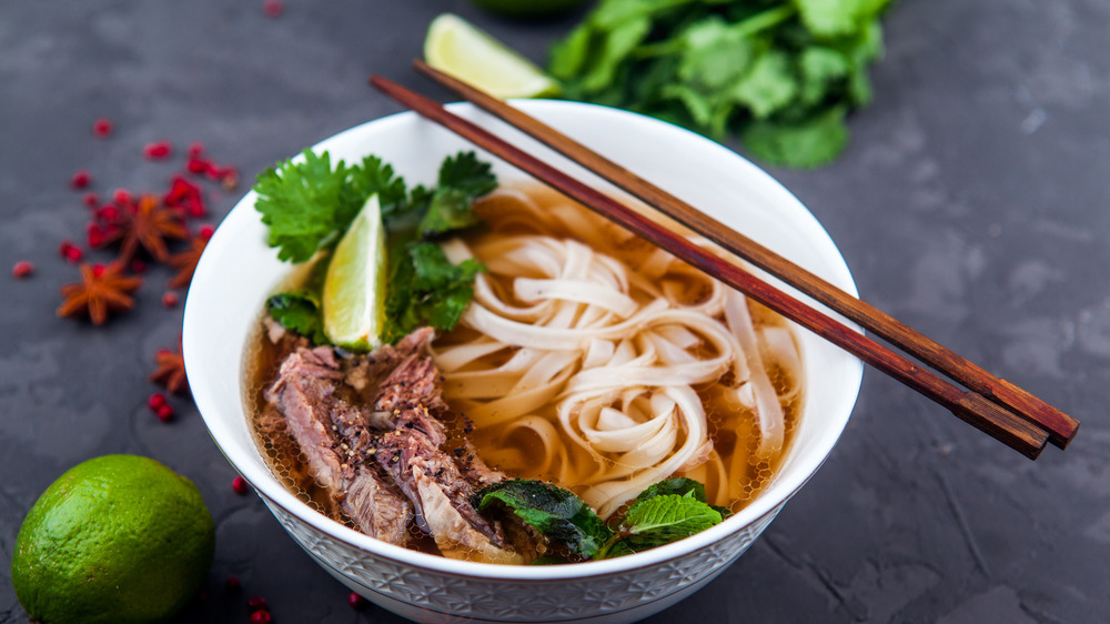 Pho noodles in white bowl