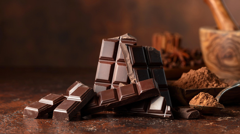 squares of dark chocolate and cocoa powder