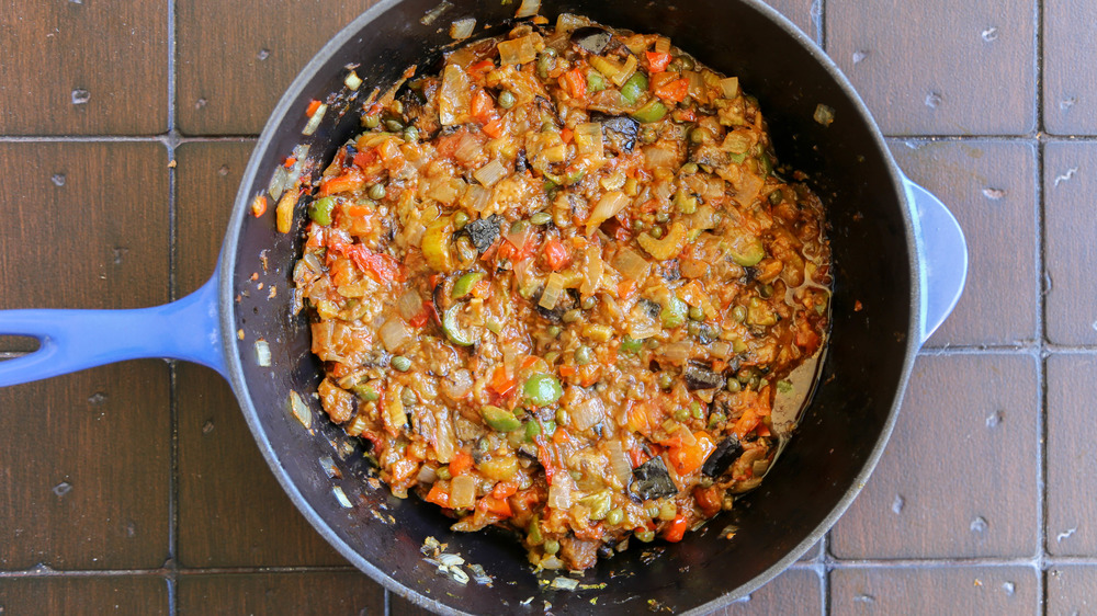 caponata recipe cooking in pan