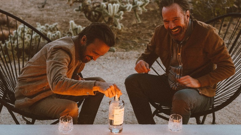 Bryan Cranston and Aaron Paul laughing over drinks