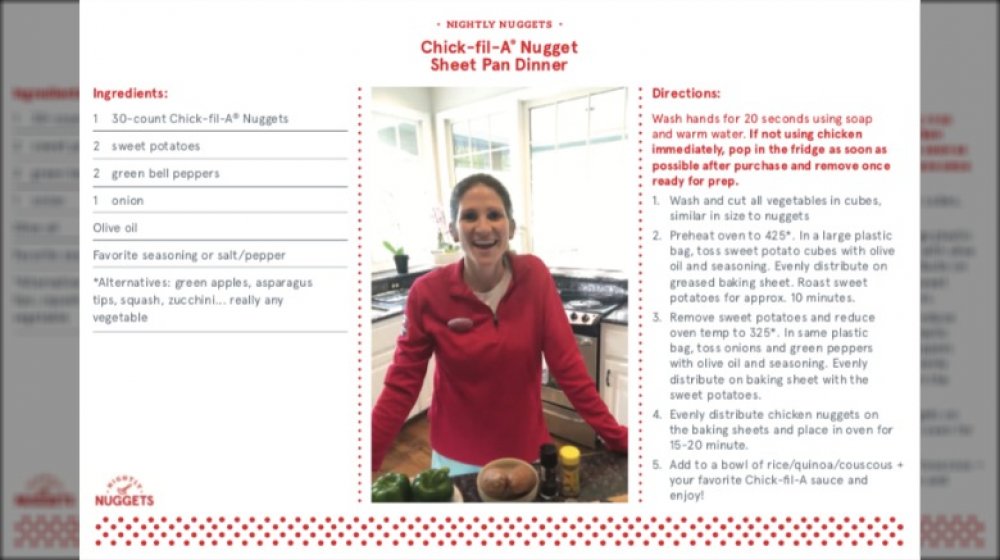 woman preparing to make the nugget sheet pan dinner with the recipe around the photo