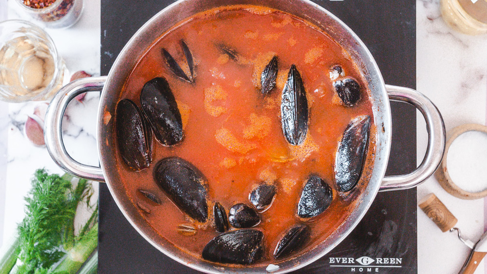 pot with mussels and clams