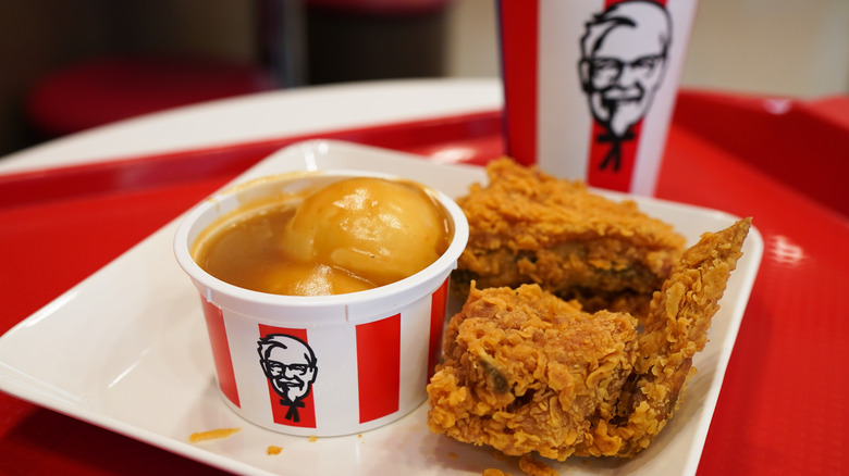 KFC mashed potatoes and gravy with fried chicken