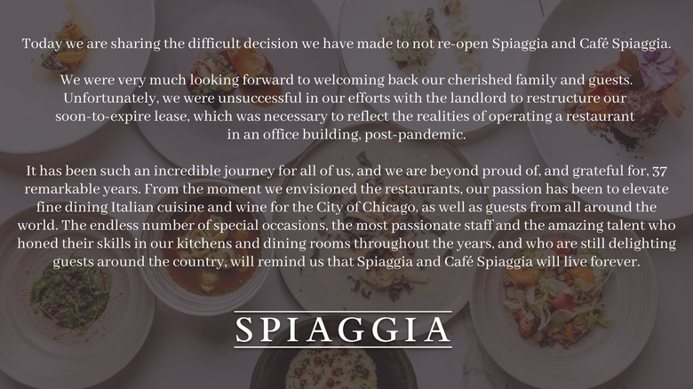 Farewell notice from Spiaggia and Cafe Spiaggia