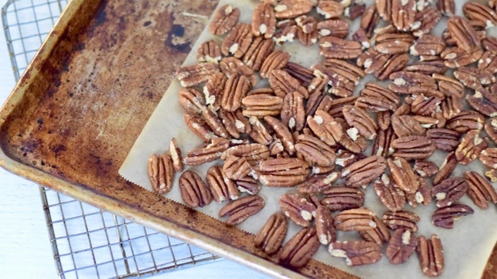 toasted pecans on sheet pan for German chocolate cake