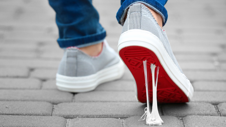 Gum stuck to the bottom of a shoe