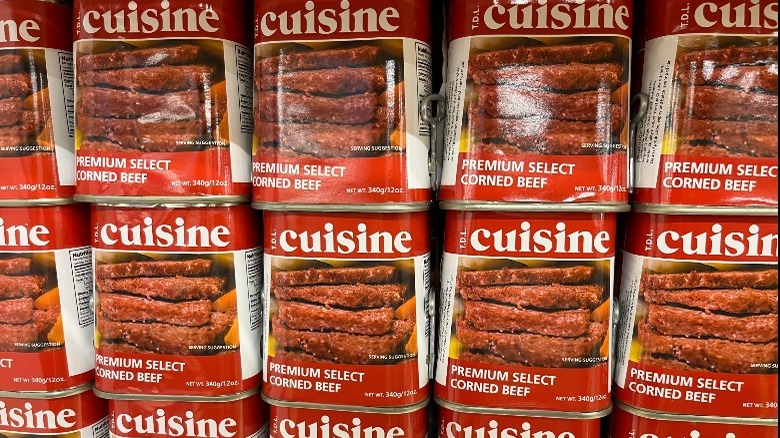 stacked cans of corned beef