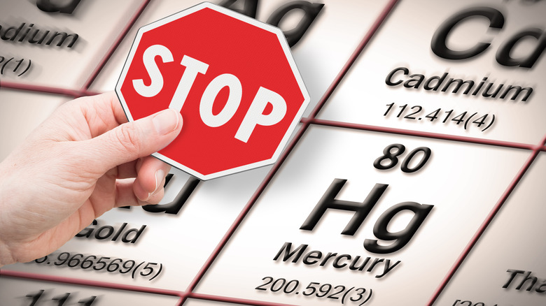concept image of a hand holding a stop sign over the mercury periodic table symbol