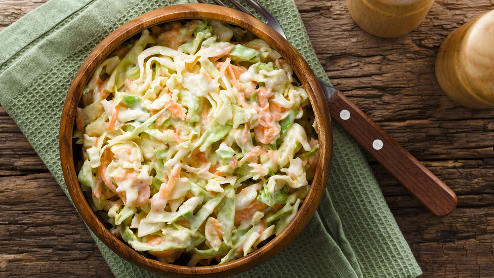 Bowl of coleslaw with fork