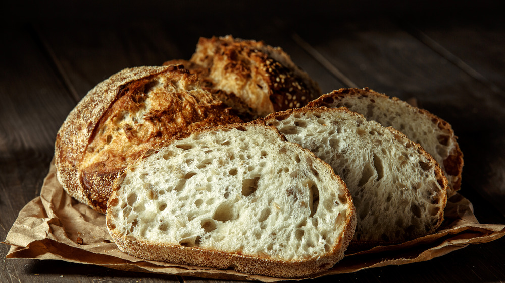 Sliced sourdough bread on a bag