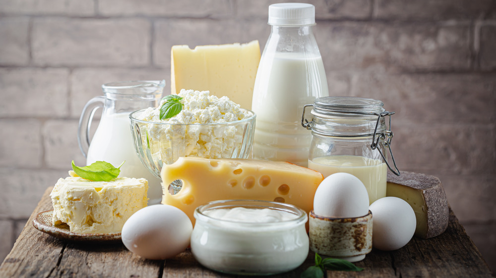 Cheese, eggs, cottage cheese, milk on a counter