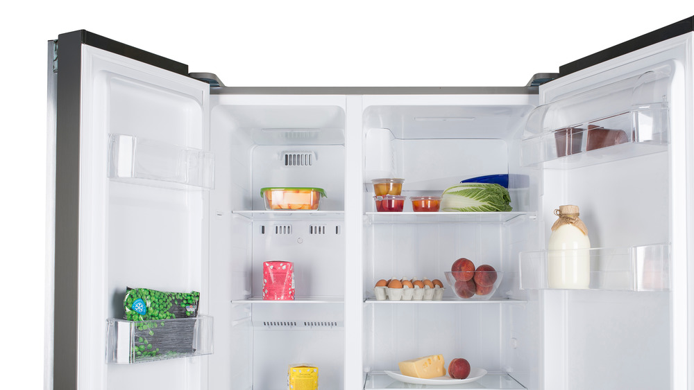 open fridge and freezer with eggs, milk, fruits, and cheese