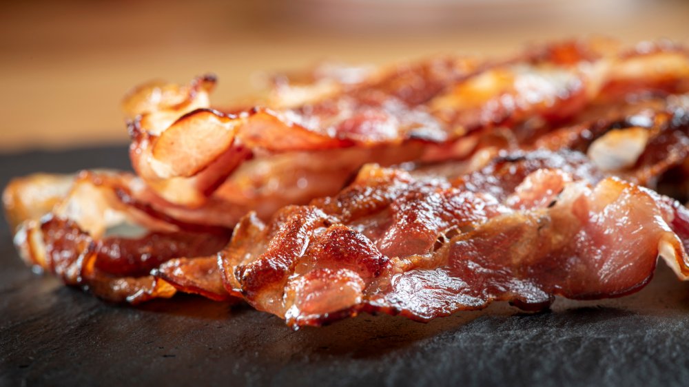 Close up of strips of bacon cooked to medium.doneness.