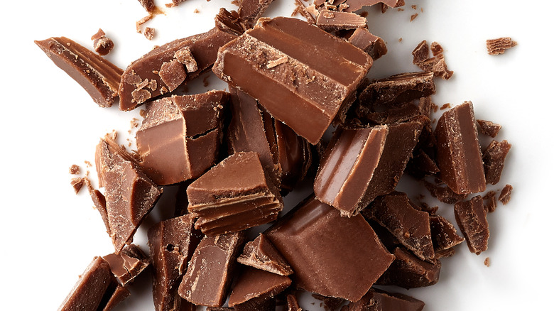 Milk chocolate pieces isolated on white background from top view