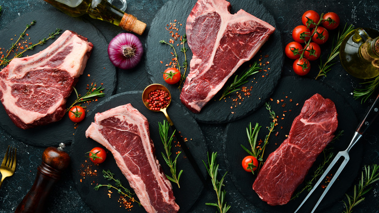 Various cuts of steak with other ingredients