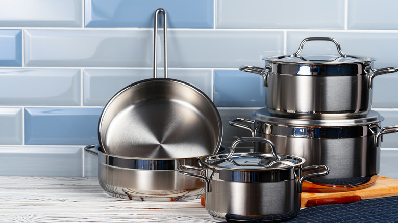 Aluminum cookware on a countertop