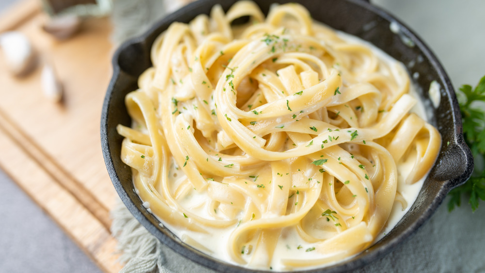 Creamy fettuccine Alfredo meal in a pan