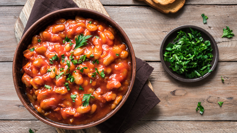 Bean stew in brown bowl