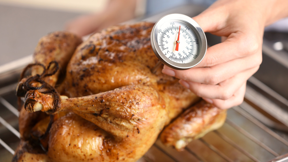 Checking turkey's temperature with a meat thermometer