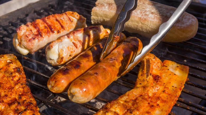 Meat and bread being grilled.