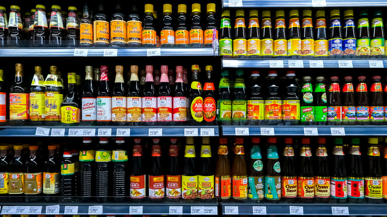 shelves lined with soy sauce