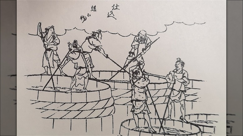 Drawing of brewers stirring moromi