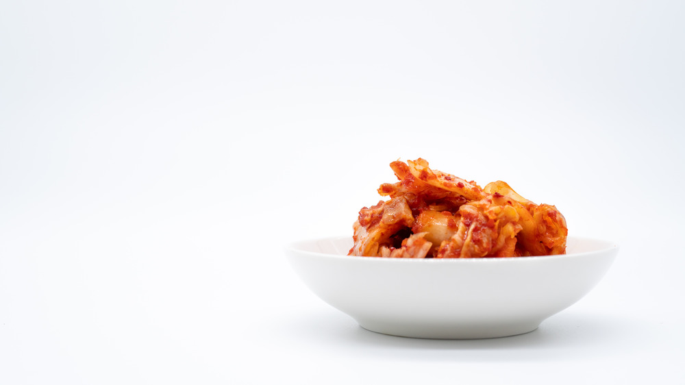 Kimchi in a white bowl