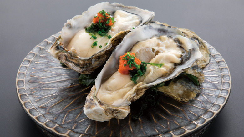 Garnished oysters on silver plate