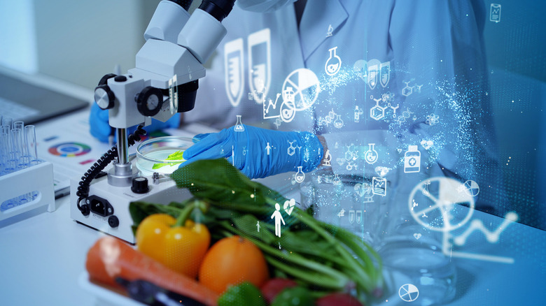 chemist observing food under microscope