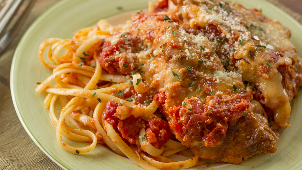 Closeup of Chicken Parm on Spaghetti