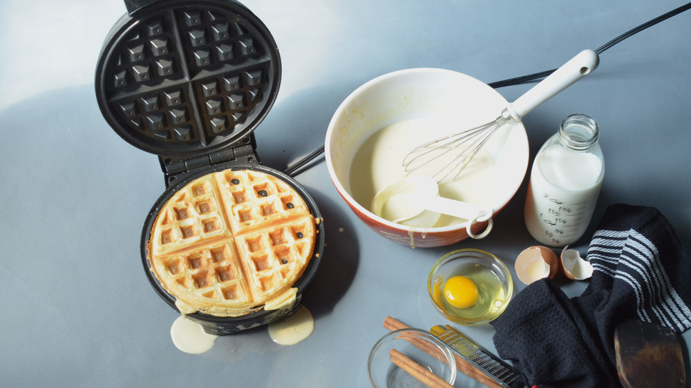 Waffle iron, batter, and milk