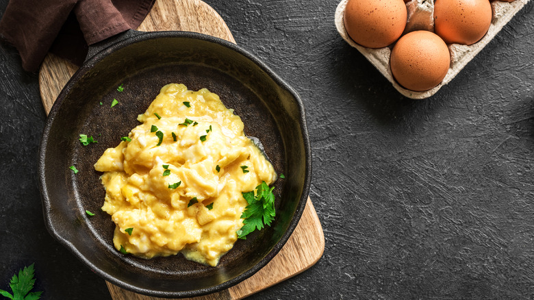 Skillet with scrambled eggs