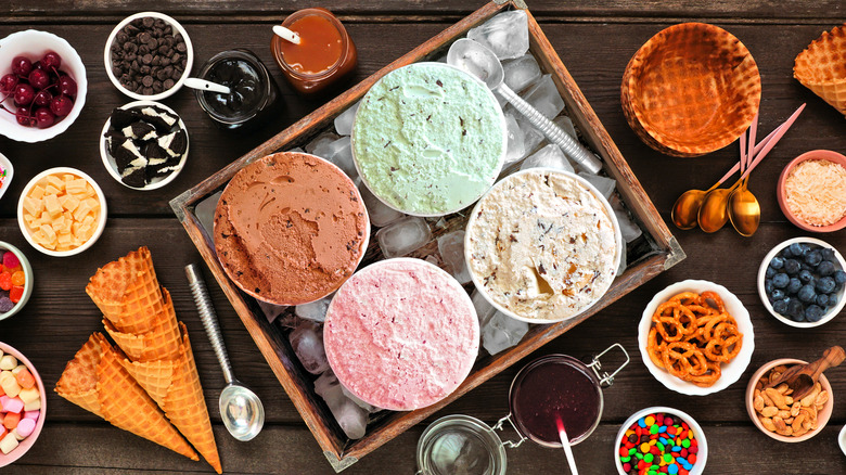 Sundae bar with toppings and cones