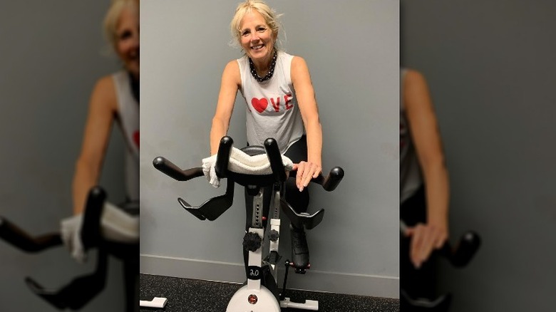 Jill Biden riding stationary bike