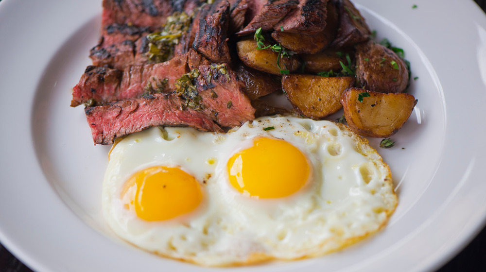 Steak and eggs on a plate