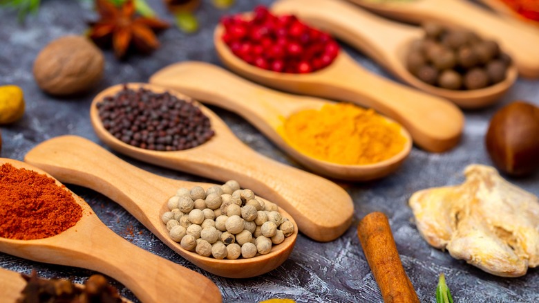 Assorted spices in spoons