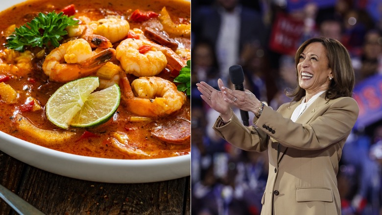 Kamala Harris and gumbo split image