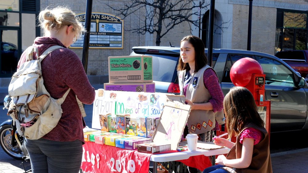 Girl scouts selling cookies