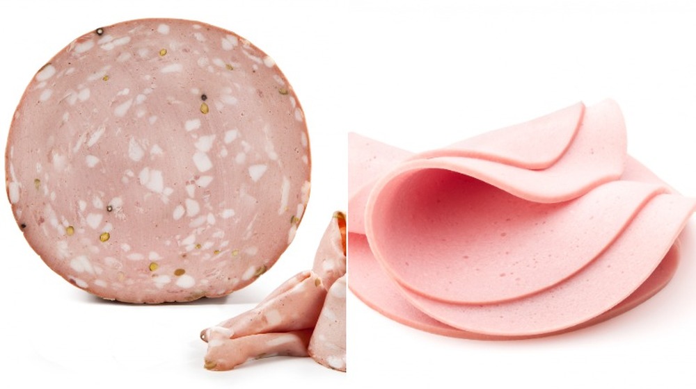 mortadella sausage on the left, bologna on the right