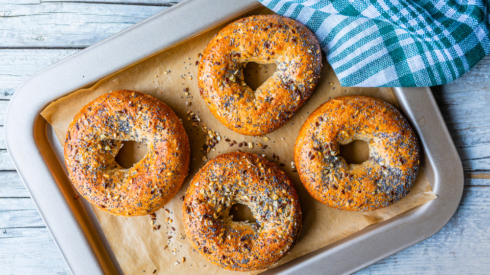 Fresh, homemade bagels on tray