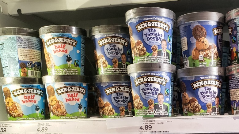 A shelf of Ben & Jerry's ice cream