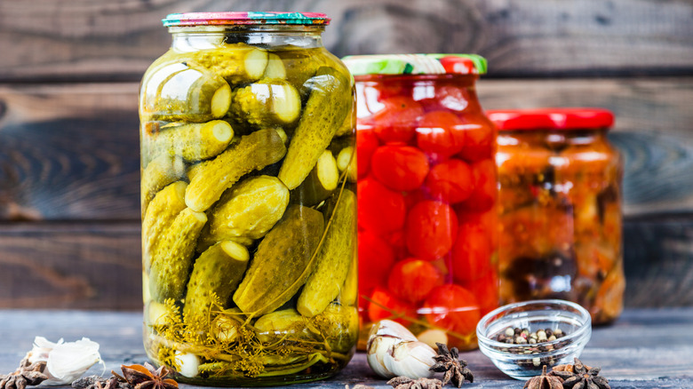 Canning jars with pickled produce