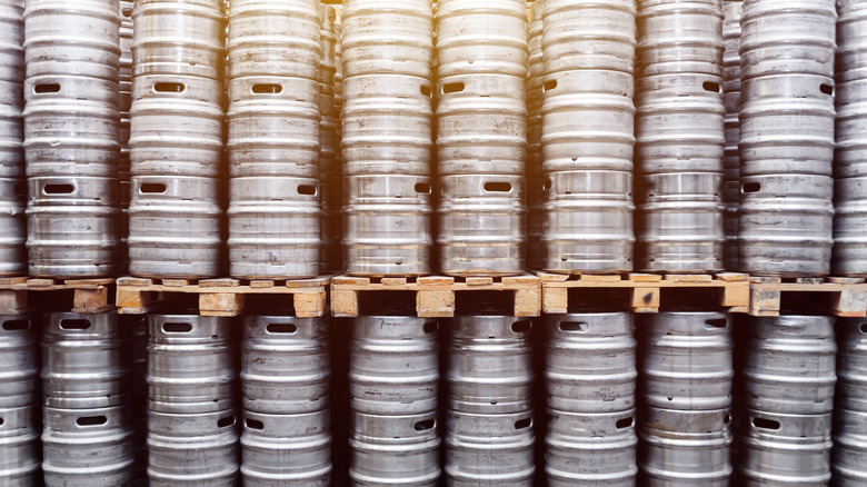 Stacks of beer kegs