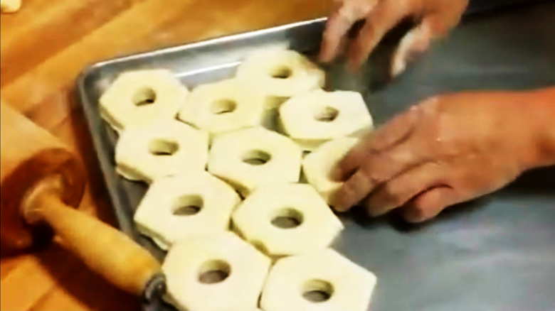 Hexagon-shaped donuts on tray
