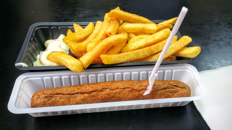 Frikandel with fries and mayonnaise