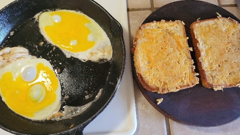 Eggs and cheese-crusted bread