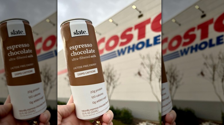 holding Slate's milk outside Costco